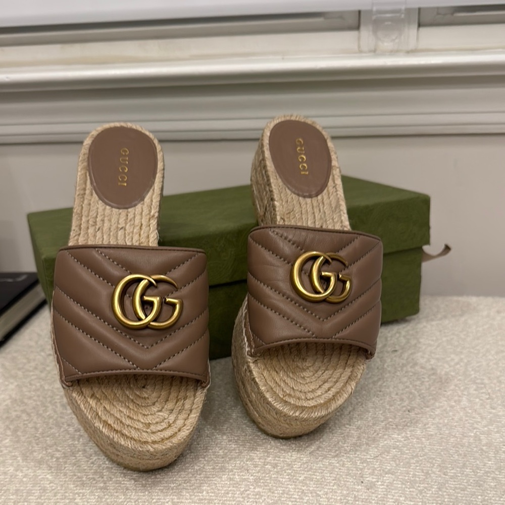 Gucci Tan Espadrille Wedge Sandals